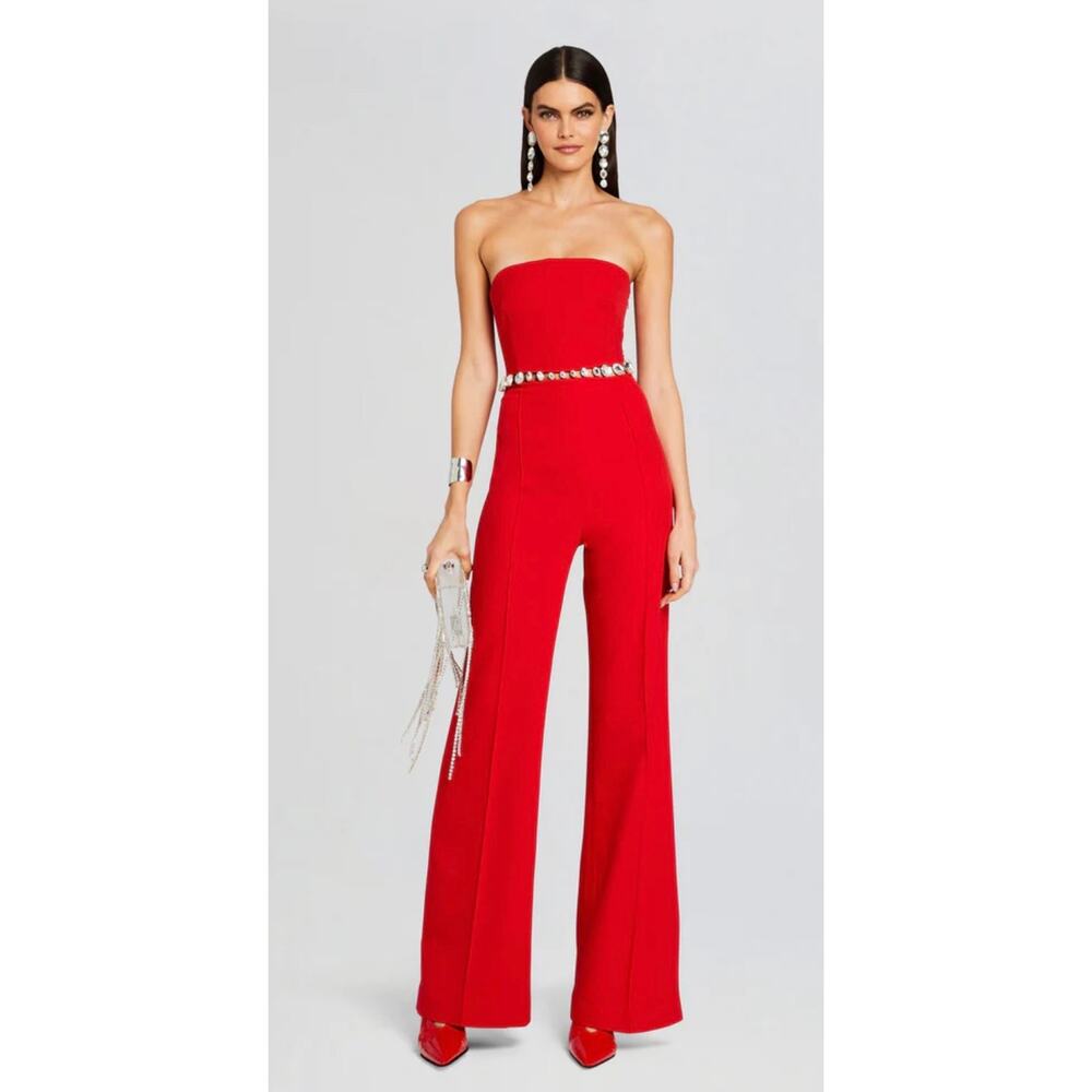 Retrofete Jumpsuit Medium Fiery Red Rhinestone Belt Glam Bling Formal NWT